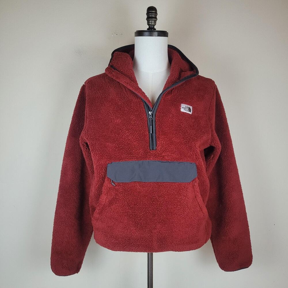 The North Face Jacket Medium Red Fleece Hooded Quarter Zip Anorak Campshire